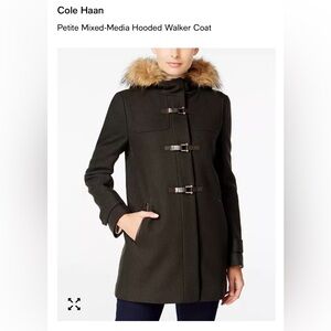 Cole Haan Dark Green wool blend Hooded Trench Coat with Faux Fur